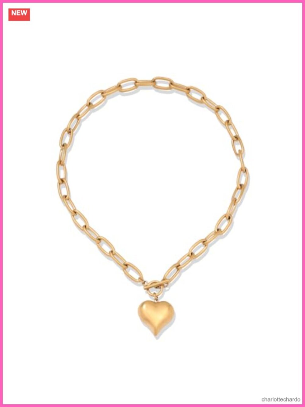 14K Gold Plated Chunky Chain Link Necklace Puffy Heart Pendant 20"